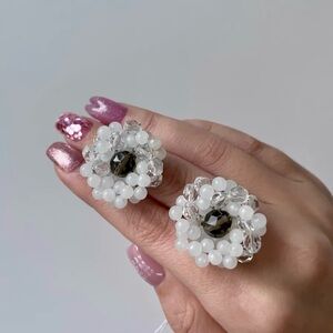 Flower Beaded Clip-On Earrings with Silver Accents
